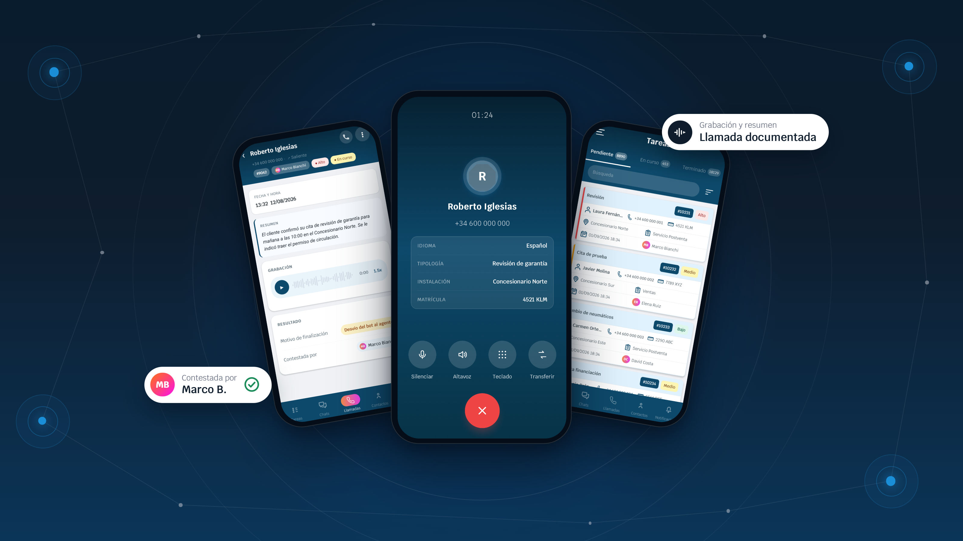 App móvil de Aivora: llamada activa con el contexto del cliente, detalle de llamada con resumen y bandeja de tareas del equipo