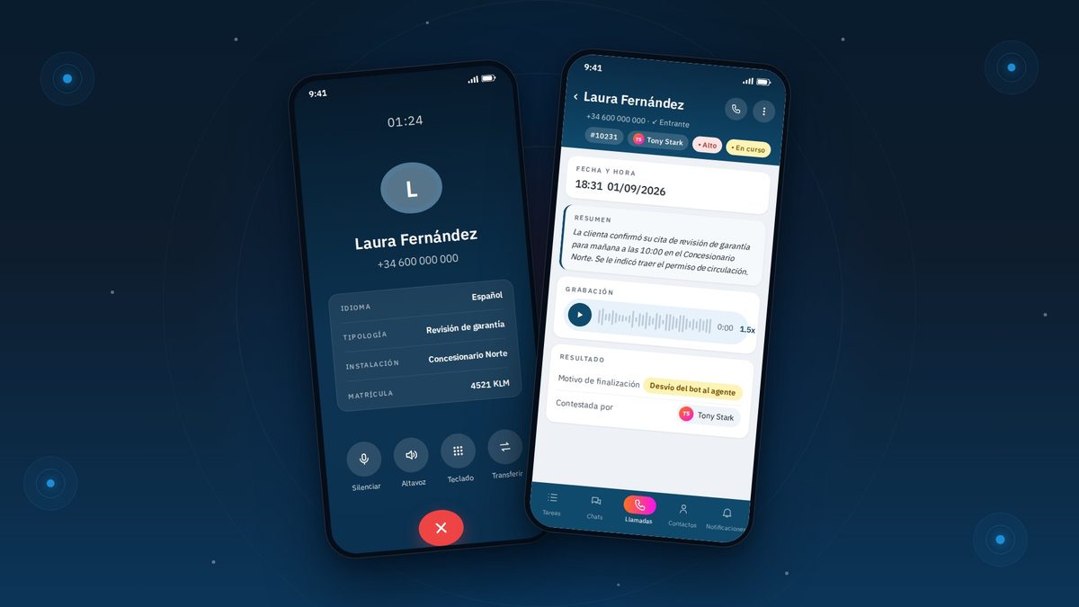 Llamada activa en la app de Aivora con idioma, tipología, instalación y matrícula del cliente visibles